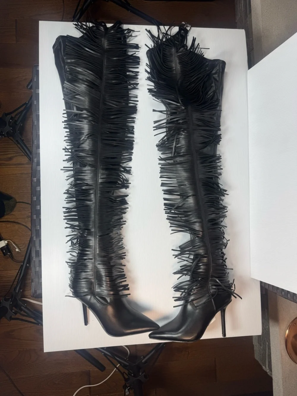 Azalea Wang Katrice Black Fringe Thigh High Boots Stiletto  Sizes 6.5 thru 11